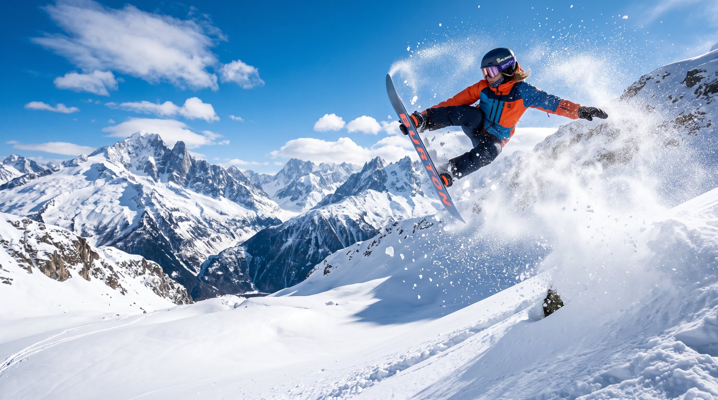 Snowboarder realizando manobra em montanha nevada com neve em pó e céu azul dramático